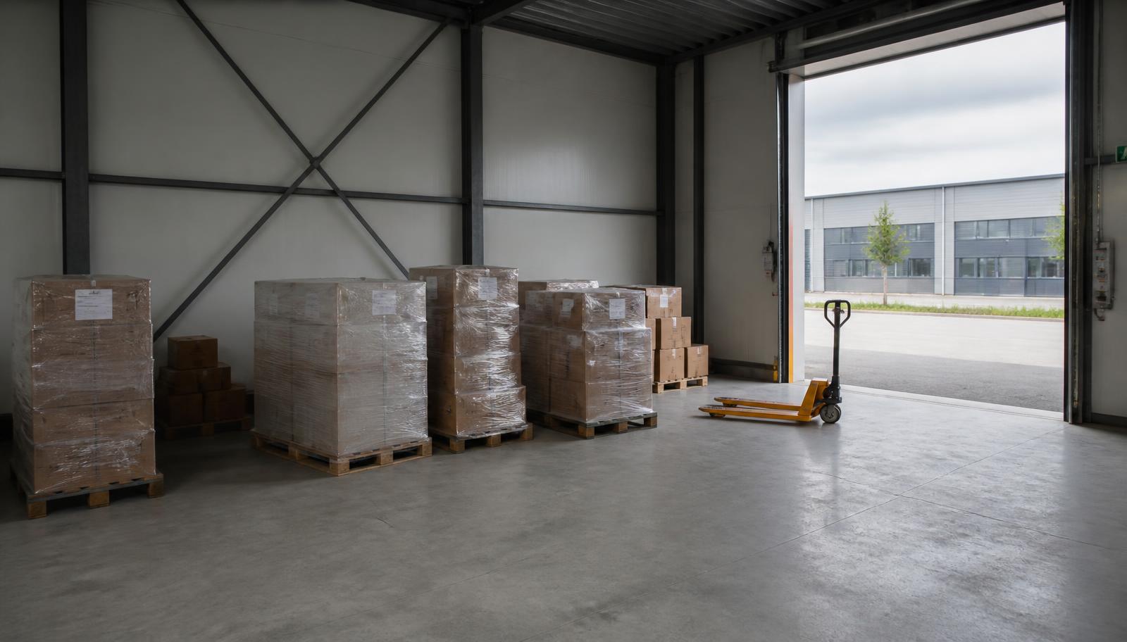 Kleine crossdockruimte met gewikkelde pallets